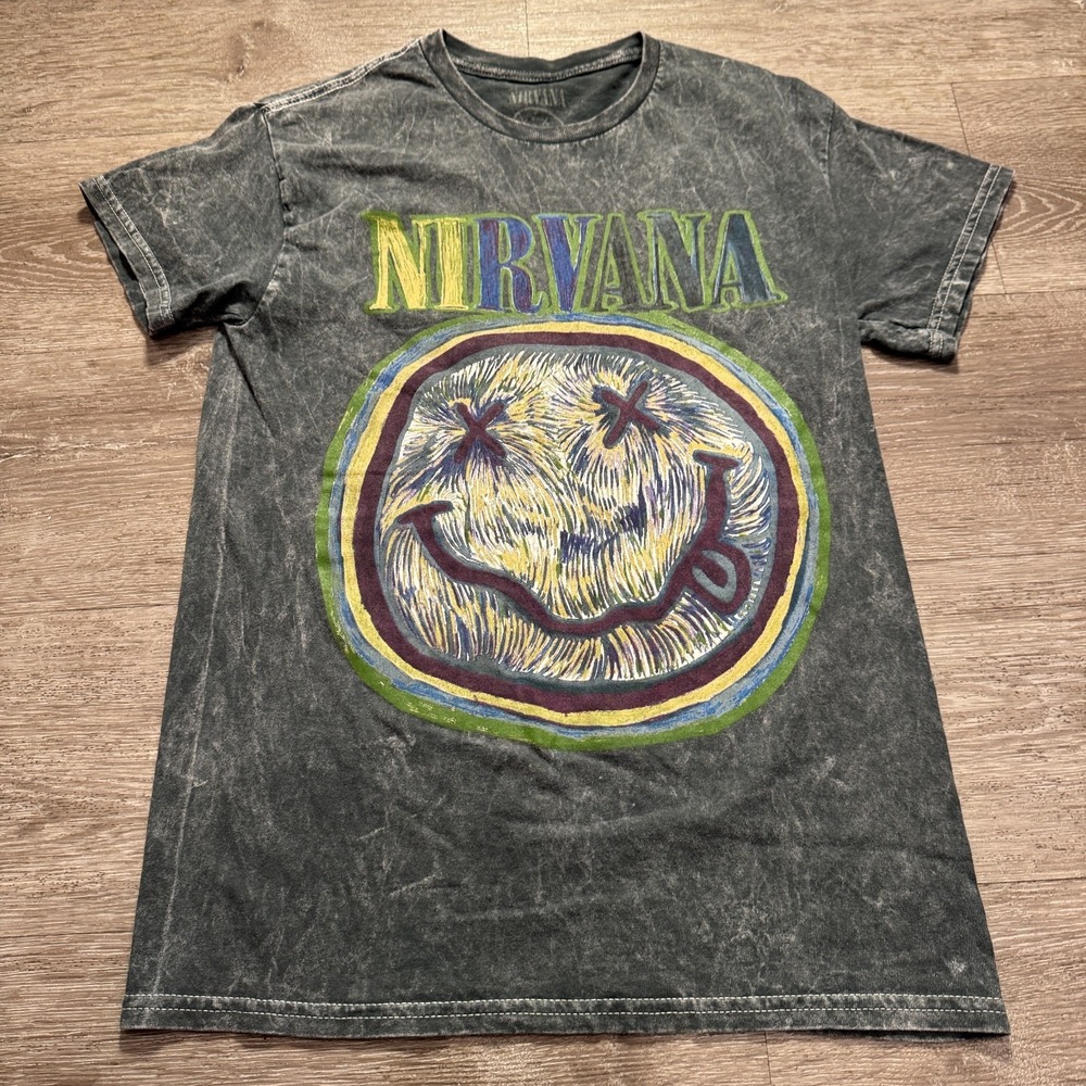 Nirvana T Shirt Mens S Gray Acid Wash Cotton Rock 90s Grunge Music Band Tee